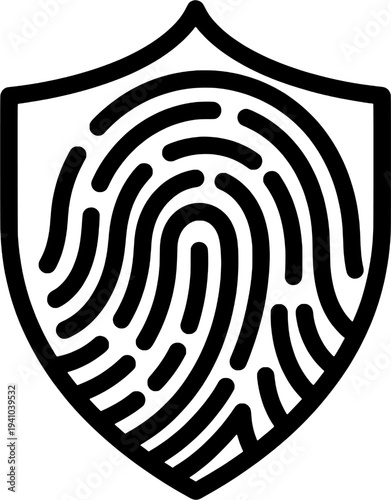Minimalist fingerprint biometric shield vector, digital identity protection icon.