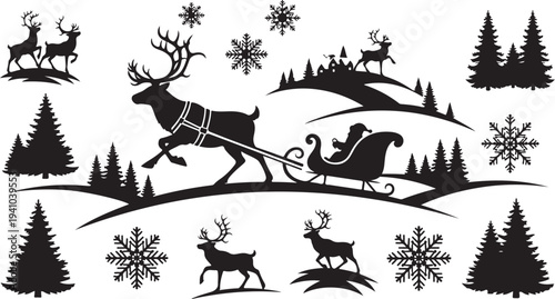 Santa Claus Sleigh Ride Through Snowy Forest with Reindeer and Trees