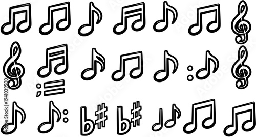 Black and white line art musical notes and symbols collection, vector illustration