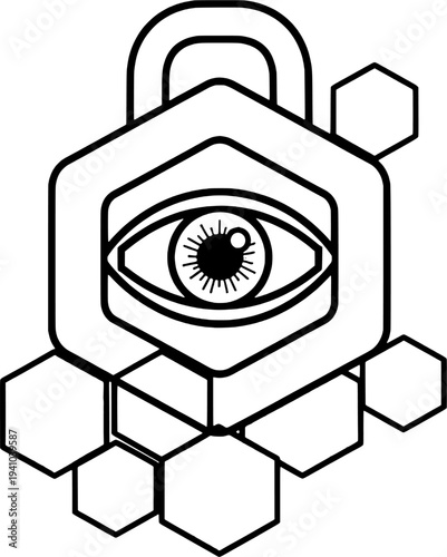 Privacy surveillance eye line art, digital lock and vision security vector.