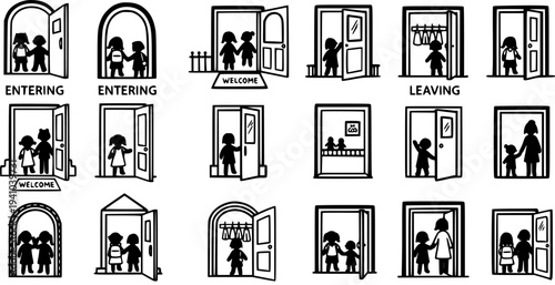 Black and White Line Art Icons of People Entering and Leaving Doors, Concept for Hospitality and Family