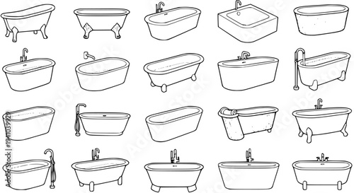 Bathroom Bathtubs Black and White Line Art Vector Icons Set. Home Decor Plumbing Fixture Outline Illustrations for Interior Design and Renovation Projects.