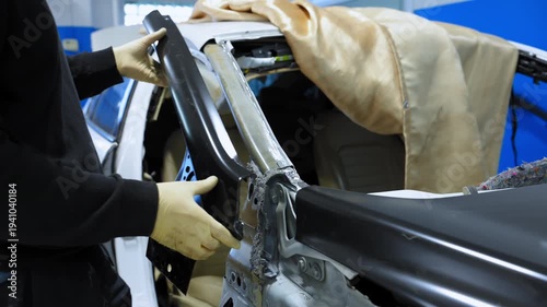 Auto body technician installing structural frame component during car repair in a professional automotive body shop.
