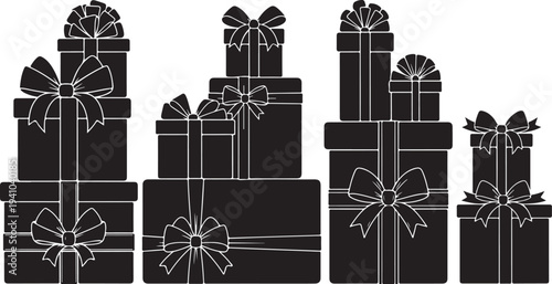 Black gift boxes with white ribbons and bows illustration
