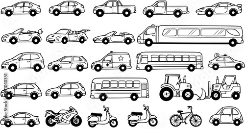 Black and White Line Art Collection of Diverse Vehicles: Cars, Trucks, Buses, Motorcycles, Tractors, and Police Car