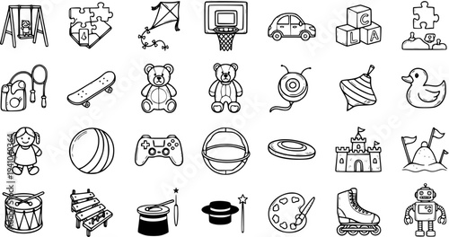 Black and White Line Art Icons of Children's Toys and Activities