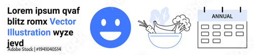 Wellness, nutrition, meal planning, positivity, scheduling, time management. Blue happy face, vegetable bowl annual calendar icons in minimal design. Wellness and nutrition