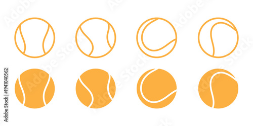 Set of bright tennis ball icons in different views. Simple flat sport symbols for tennis design, app interface, infographic or game elements. Minimal vector illustration isolated on white background. 