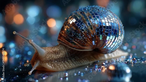 Snail wearing shiny disco ball shell on sparkling surface