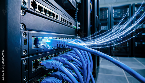 Plakat Network server rack with blue ethernet cables and glowing data streams