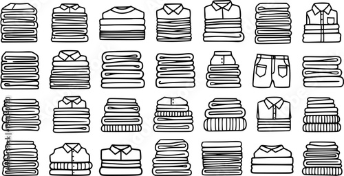 Black  White Line Art Icons Set of Folded Clothes and Laundry Stacks. Hand Drawn Collection for Clothing Care, Household Chores, and Fashion Industry.