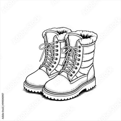 black-and-white illustration of insulated winter boots with rugged soles, laces, and fur lining. Functional footwear design emphasizing warmth, durability, and outdoor style