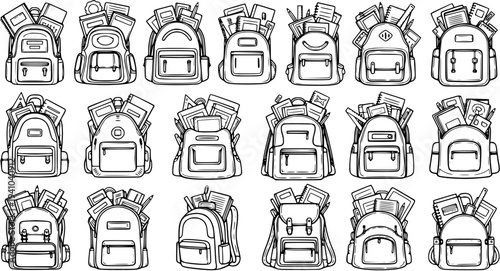 Education School Backpacks and Books Black and White Line Art Vector Set. Outline Doodle Collection of Rucksacks and Satchels for Learning.