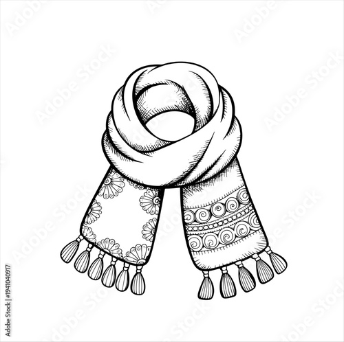 Black-and-white illustration of a decorative scarf with floral and geometric motifs, tassels at both ends, and looped styling. Artistic textile drawing suitable for fashion, fabric design