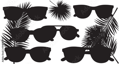 Silhouette of sunglasses and palm trees on white background