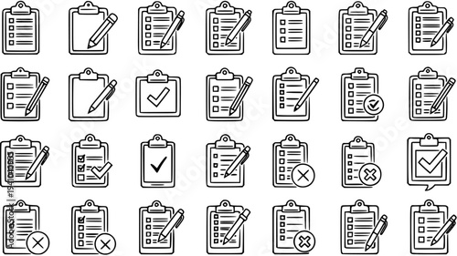 Business Office Hand-drawn Checklist Clipboard Icons Set. Productivity Task Management Document Survey Doodle Outline Line Art Vector Collection.