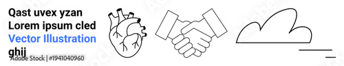 Health, teamwork, partnership, weather, medical , agreement. Features a heart, handshake cloud and a line drawing. Health and partnership concepts are visually communicated