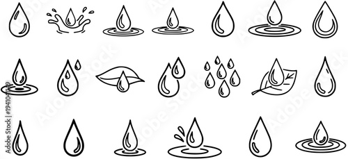 Environment and Nature Water Drops Line Art Icons Set. Minimalist Black and White Outline Glyph Collection of Droplets, Splashes, Ripples, and Leaf Designs.