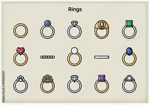 Collection of assorted jewelry rings displayed on a neutral background from a straightforward viewpoint