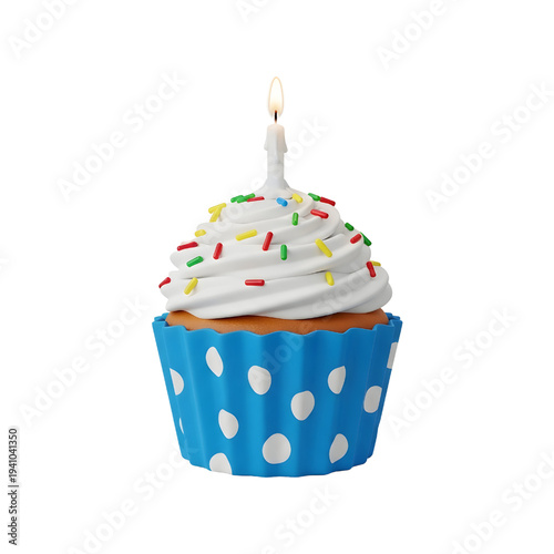 3D Birthday Cupcake with Candle isolated on white background