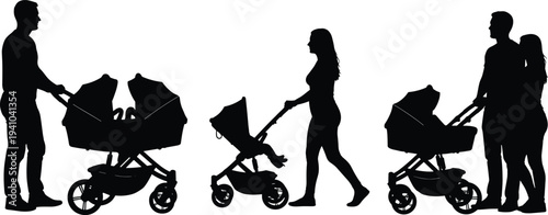 Parents walking with baby stroller silhouettes family parenting concept isolated on white background mother father child care illustration
