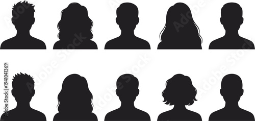 People avatar silhouette set, male female profile icons collection, user head portraits isolated, social media default profile illustration