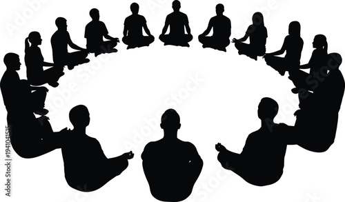 People meditation silhouettes sitting in circle lotus yoga pose isolated on white background mindfulness relaxation group wellness concept