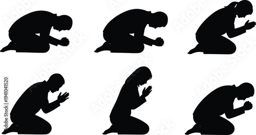 People praying silhouettes set, man and woman kneeling prayer faith worship spirituality religious devotion isolated on white background