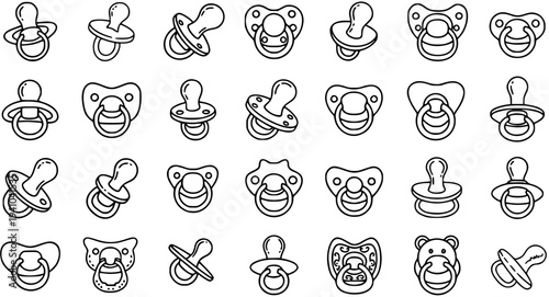 Baby Pacifier Black  White Line Art Icons Set. Outline Vector Collection of Soothers, Dummies, and Binkies for Infant Care and Newborn Essentials.