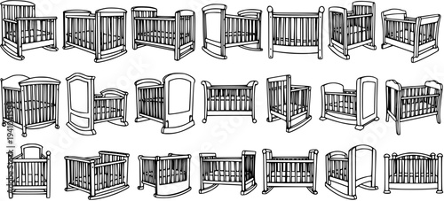 Baby Cribs and Cots Black and White Line Art Vector Icon Set. Outline Nursery Furniture, Bassinets, and Infant Beds Collection for Childcare and Parenthood.