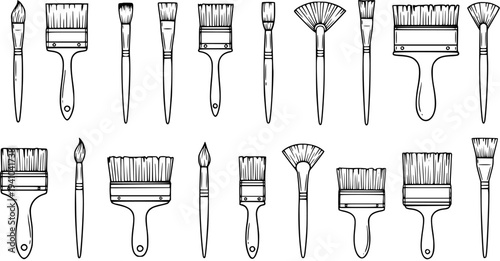 Art and Painting Tools Black and White Line Art Hand-Drawn Set of Various Paint Brushes for Creative Hobbies and Professional Artists