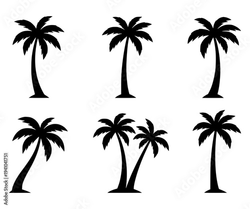 Tropical Palm Tree Silhouette Set in Solid Black Color, Collection of Coconut Palm Trees with Different Shapes Isolated on White Background for Beach, Summer Travel, and Tropical Design Projects