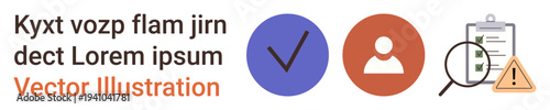 User authentication, online profiles, cybersecurity, task verification, data integrity, identification checks. Icons include a checkmark, user profile, clipboard with magnifier and warning symbol