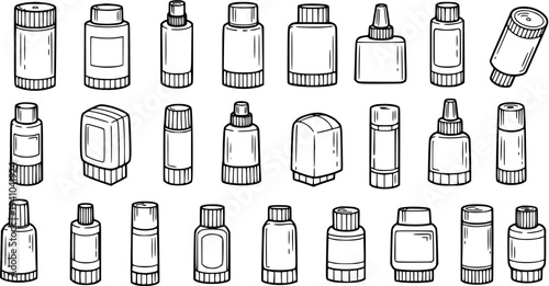 Black and White Line Art Illustration of various Cosmetic and Personal Care Product Packaging Bottles and Containers. Hand-drawn Doodle Icons Set.
