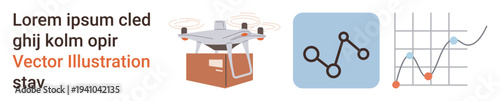 quadcopter delivery, logistics, data analysis, business strategy, technology trends, innovation. Quadcopter carrying a box, a graph icon and business statistics. Drone delivery and logistics concept
