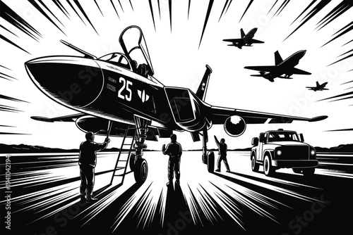 Fighter jet mission preparation illustration, combat aircraft on runway at sunrise with ground crew performing preflight checks for military aviation operation.