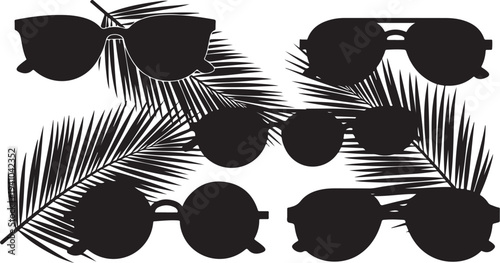 Black Silhouettes of Sunglasses and Palm Leaves on White Background