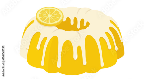 Vector illustration of lemon bundt cake with white glaze and lemon slice