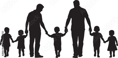 Silhouette of two men holding hands with three children together