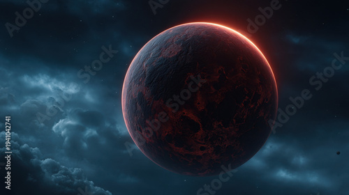 Distant rogue planet colossal dark reddish barren rocky surface glowing rim under stormy nebula clouds dramatic cosmic scene