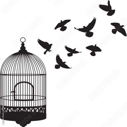 Black silhouette of an open birdcage with birds flying away into white space freedom escape