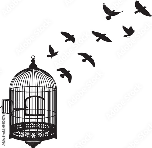 Black silhouette of an open birdcage with birds flying away into white space