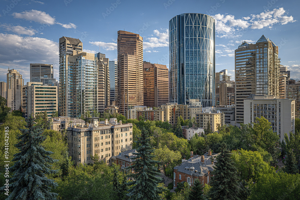 Fototapeta premium Modern city skyline with tall office towers and residential buildings surrounded by green trees under partly cloudy sky, showcasing urban architecture and nature harmony