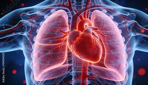 Detailed illustration of a human torso with glowing red heart and lungs against a dark background with red blood cells