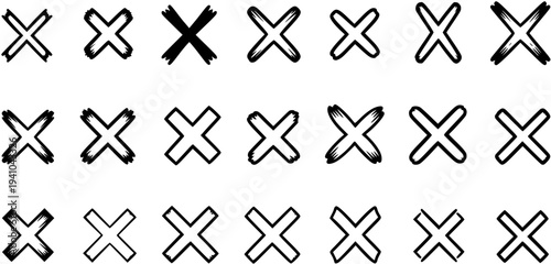 Hand-Drawn Black and White X Marks Set for Design, UI, Wrong, Close, Delete, Multiply Symbols, and Cross Icons in Varied Line Art Styles