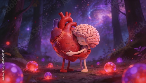 Anatomical heart and brain hug each other in a mystical forest with purple and red glowing orbs, conveying a thoughtful mood