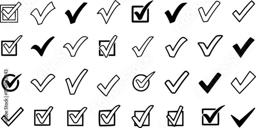 Diverse Collection of Checkmark Icons in Black and White Line Art and Solid Glyph Styles - Universal Approval, Selection, and Task Completion Symbols for Interface Design