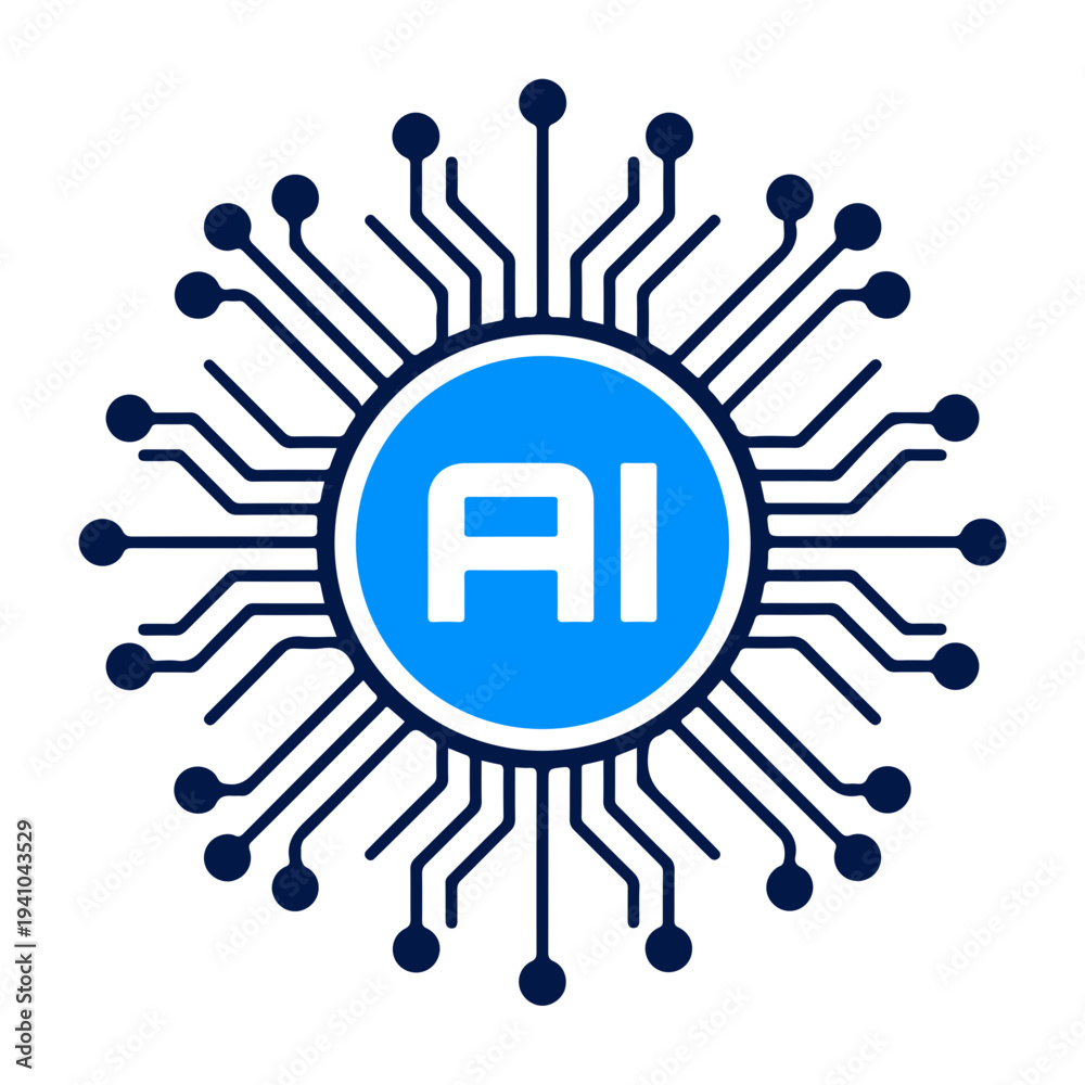 Obraz premium Artificial Intelligence icon Stylized blue padlock icon centered within complex radiating circuit board patterns representing modern digital cybersecurity technology