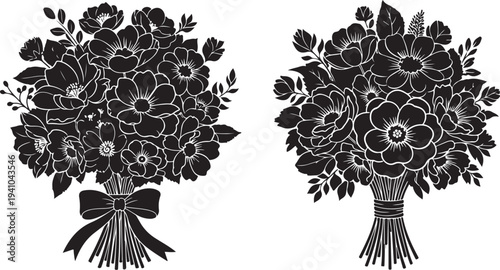 Black and white bouquets of flowers with ribbon and stems