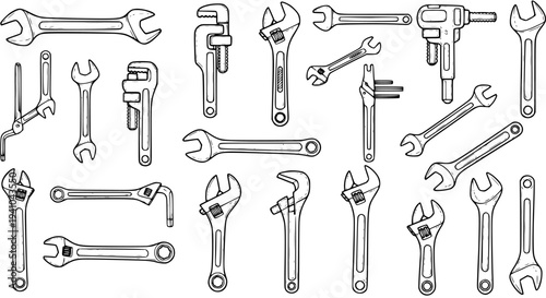 Black and White Line Art Illustration of Various Wrenches and Tools for Construction and Repair